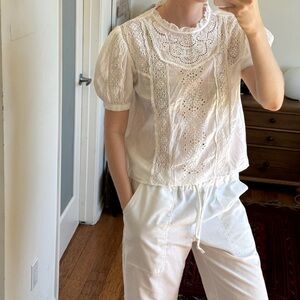 Zara size L White Cotton Lace Blouse